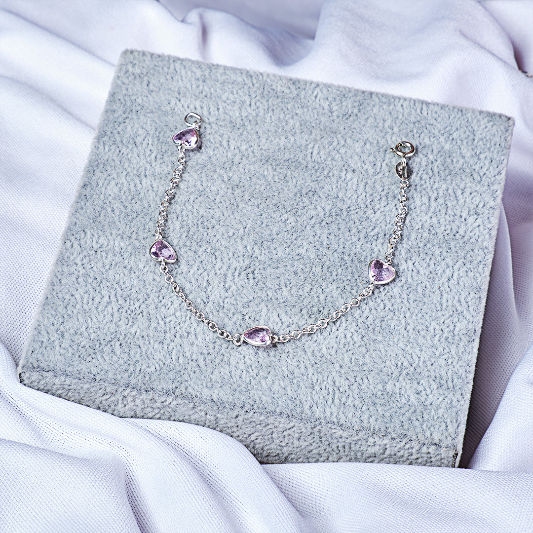 Pulseira Elo Português com Corações Rosa e Pedras de Zircônia em Prata 925